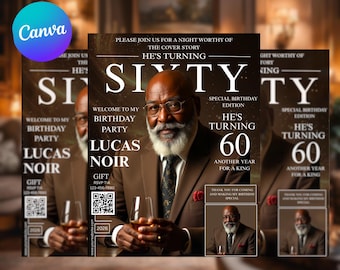 60th Birthday Magazine Cover Invitation | Men's Party, Canva Template Digital Download