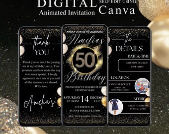 Invitación en video para 50 cumpleaños / Brillantina negra y dorada / Plantilla editable de Canva / Fiesta digital de lujo Evite