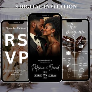 May include: Three digital wedding invitations on smartphones. The invitations show a couple, RSVP details, and a wedding program with times and events. The text includes "Patricia & David" and the date.