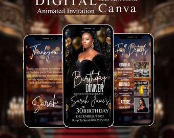 Editable Animated Birthday Dinner Invitation | Digital Video Evite | Elegant Celebration Template