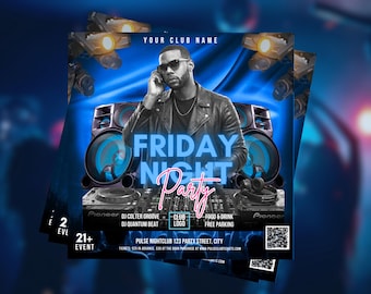 Modello di volantino per festa con DJ del venerdì sera, poster per eventi in discoteca modificabile con Canva, download immediato.