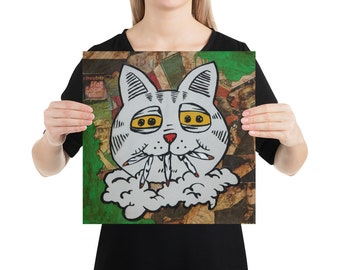 Pode incluir: Um gato branco de desenho animado com olhos grandes e redondos e um largo sorriso é retratado. O gato está segurando vários cigarros enrolados na boca, com fumaça saindo de sua boca e nariz. O fundo é uma colagem de papel colorido e texturizado.