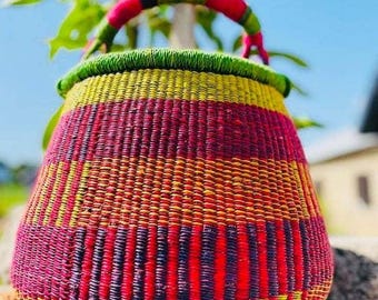 Cesto Bolga africano intrecciato a mano, cesto portaoggetti intrecciato colorato