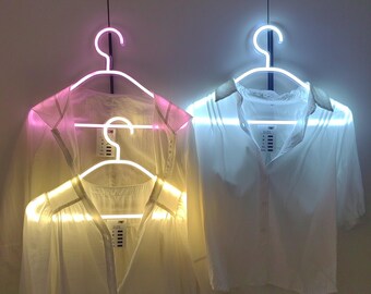LED Neon Light-Up Glowing Clothes Hangers, AA Battery Powered, 3 Pack, Pink, White, Warm-White