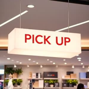 May include: A rectangular, illuminated sign with the words "PICK UP" in bold red letters. The sign is suspended from the ceiling in a retail store setting. The background shows shelves with products and overhead lighting.