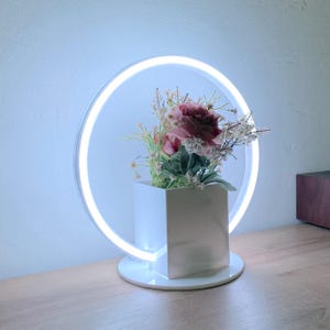 May include: A modern white LED ring light with a square vase holding pink and white flowers. The light is on a round base, creating a unique decorative piece. The flowers add a touch of color to the minimalist design.