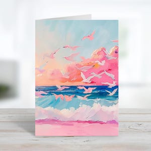 Pink Beach Seagulls Greeting Card | Sea Life Greeting Card | Thank You | Customize Message Or Blank Inside | Pastel Note Card & Envelopes