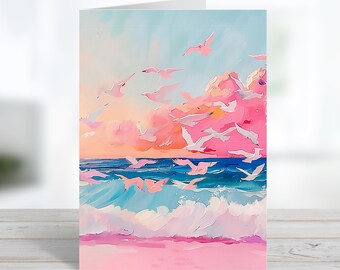 Pink Beach Seagulls Greeting Card | Sea Life Greeting Card | Thank You | Customize Message Or Blank Inside | Pastel Note Card & Envelopes