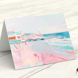Persoonlijke Coney Island-notitiekaart | Pastelkleur strandwenskaart | Kustuitnodigingen | Bericht of blanco binnenkant aanpassen | Kaarten en enveloppen