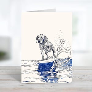 Surfender Hund Auf Küstengewässern | Niedliche Hund Grußkarte | Nachricht anpassen oder innen leer | Grußkarte mit Tiermotiv & Umschläge | Vielen Dank