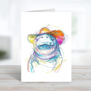 Sea Cow Card Manatee In Cowgirl Hat | Adorable Sea Life Greeting Card | Customize Message Or Blank Inside | Animal Note Card & Envelope