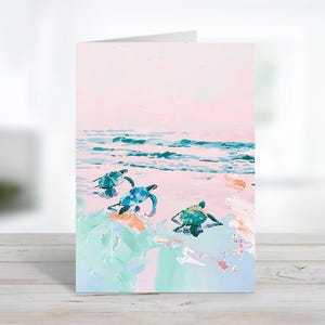 Pastel Sea Turtles Run For Ocean | Sea Life Greeting Card | Thank You | Customize Message Or Blank Inside | Pastel Note Card & Envelopes