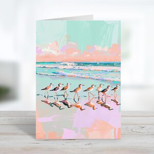 Pastel Sand Pipers In Line | Sea Life Greeting Card | Thank You | Customize Message Or Blank Inside | Pastel Note Card & Envelopes