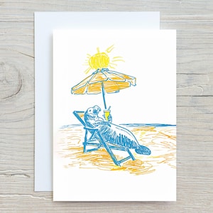 Manatee In Beach Chair | Cute Greeting Card | Adorable Sea Life Card | Customize Message Or Blank Inside | Animal Note Card & Envelope