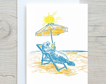 Lamantin dans une chaise de plage | Carte de voeux mignonne | Adorable carte Sea Life | Personnalisez le message ou l'espacez à l'intérieur | Carte de correspondance et enveloppe Animal