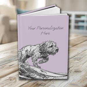 Personlig surfdagbok med klotter | Anpassad textanteckningsbok | Anpassad dagbok för hundälskare | Anpassad boktext | Omslag för anteckningsbok med citat och hund