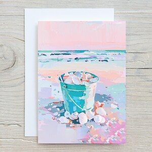 Pastel Sea Shell Bucket | Sea Shell Greeting Card | Beach Thank You Note | Customize Message Or Blank Inside | Pastel Note Card & Envelopes