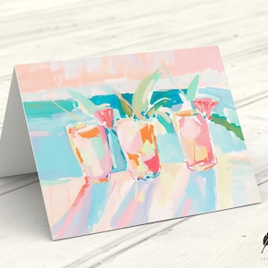Gepersonaliseerde happy hour-cocktails | Pastelkleur strandwenskaart | Kustuitnodigingen | Bericht of blanco binnenkant aanpassen | Kaarten en enveloppen