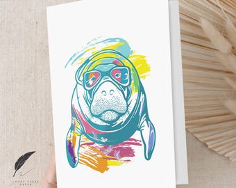 Lamantin souriant | Adorable carte de voeux | Adorable carte de voeux Sea Life | Personnalisez le message ou l'espacez à l'intérieur | Enveloppes pour cartes de correspondance avec animaux