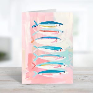 Coastal Stacked Sardines Card | Sea Life Greeting Card | Thank You | Customize Message Or Blank Inside | Pastel Note Card & Envelopes