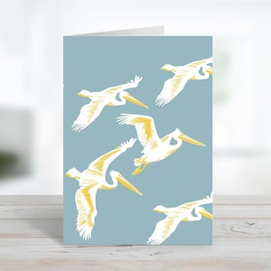 Biglietto d'auguri con pellicani / Biglietto d'auguri con uccelli costieri / Grazie / Messaggio personalizzabile o interno vuoto / Biglietto con simpatica vita marina / Biglietto e buste