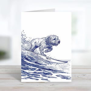 Surfer Hund Karte | Glücklich Gekritzel Skizze Print | Niedliche Hund Grußkarte | Nachricht anpassen oder innen leer | Tier Grußkarte & Umschläge
