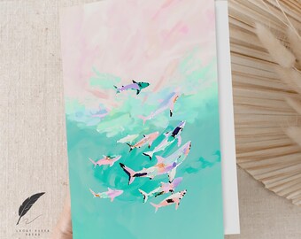 Colorful Sharks Above | Sea Life Greeting Card | Shark Thank You Note  | Customize Message Or Blank Inside | Pastel Note Card & Envelopes