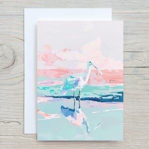 Pastell Löffel Bill Roseate am Strand | Sea Life Grußkarte | Vielen Dank | Nachricht anpassen oder innen leer | Pastell Note Card & Umschläge