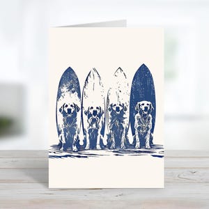 Strand Golden Retriever & Surfbretter | Niedliche Hund Grußkarte | Nachricht anpassen oder innen leer | Tier Hinweis Karte Umschläge | Vielen Dank