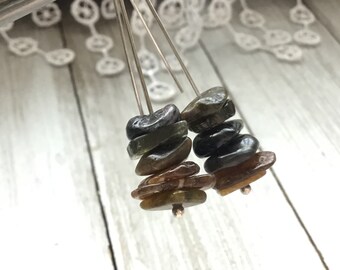 Tourmaline sterling silver earrings, stacking stone earrings, slide on earrings, green brown black tourmaline earrings made in Maine organic