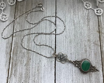 Malachite necklace, Sterling Silverman vintage Malachite necklace, long necklace, green malachite, unique on of a kind jewelry