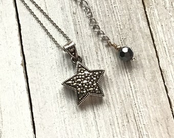 Sterling silver star necklace, Marcasite gemstone sterling silver star pendant, upcycled vintage sterling silver necklace, star, celestial