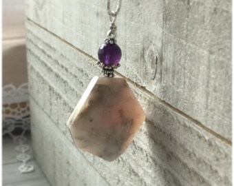 Pink Peruvian opal necklace, Pink opal pendant, gift for her, Opal amethyst necklace made in Maine, October birthstone, artisan jewelry