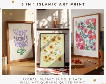 Paquete islámico floral 3 en 1 con arte de pared con citas coránicas, caligrafía árabe de Surah Ayah, pósteres musulmanes decorativos, regalo islámico para ella.
