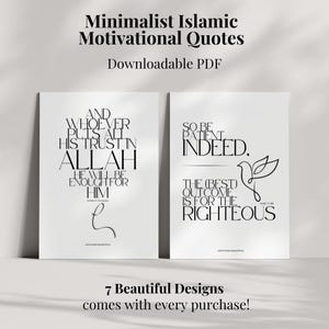 Puede incluir: Dos citas isl&aacute;micas de motivaci&oacute;n imprimibles en blanco y negro. La primera cita dice: "Y quien pone toda su confianza en Allah, &Eacute;l le ser&aacute; suficiente." La segunda cita dice: "As&iacute; que ten paciencia, en verdad. El mejor resultado es para los justos."