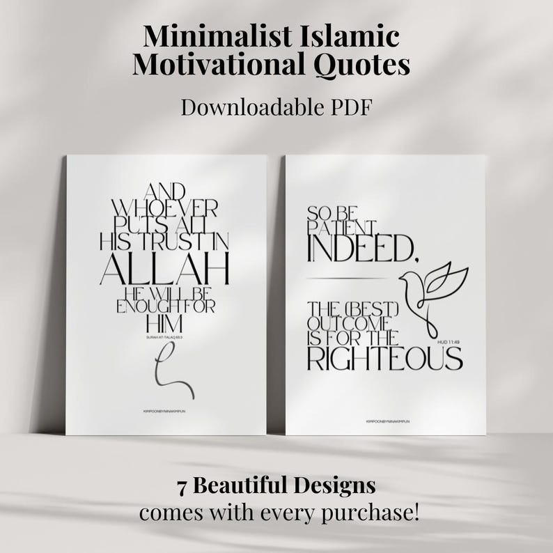 Puede incluir: Dos citas isl&aacute;micas de motivaci&oacute;n imprimibles en blanco y negro. La primera cita dice: "Y quien pone toda su confianza en Allah, &Eacute;l le ser&aacute; suficiente." La segunda cita dice: "As&iacute; que ten paciencia, en verdad. El mejor resultado es para los justos."
