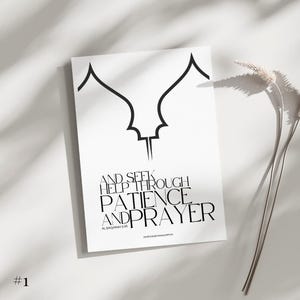 Puede incluir: Impresi&oacute;n de arte imprimible en blanco y negro con un dise&ntilde;o isl&aacute;mico y el texto "Y busca ayuda a trav&eacute;s de la paciencia y la oraci&oacute;n. Al-Baqarah 2:45".
