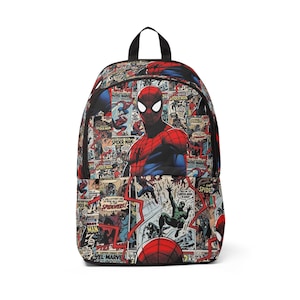 May include: A backpack featuring a vibrant all-over print of vintage Spider-Man comic book panels. The design includes multiple illustrations of the character in red and blue, with black outlines and text bubbles set against a multi-colored background.