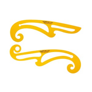 May include: Two yellow plastic French curve rulers for sewing and pattern drafting. Each tool features multiple curved edges and cutouts, with the brand name KEARING and the model number 1300S printed in black text on the surface of each ruler.