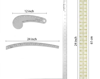 May include: A set of sewing tools including a 12-inch curved ruler, a 24-inch curved ruler, a metal L-shaped square ruler, and a 2-inch by 24-inch clear acrylic quilting ruler with yellow grid markings and black numerical measurements.
