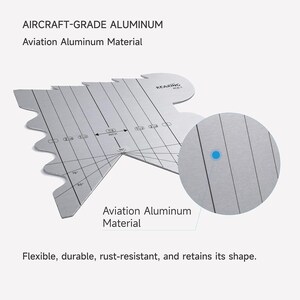 May include: A silver aviation aluminum tool with measurements in inches. The tool has a unique shape with angled edges and a circular inset. Text on the tool reads "Aircraft-Grade Aluminum" and "Aviation Aluminum Material".