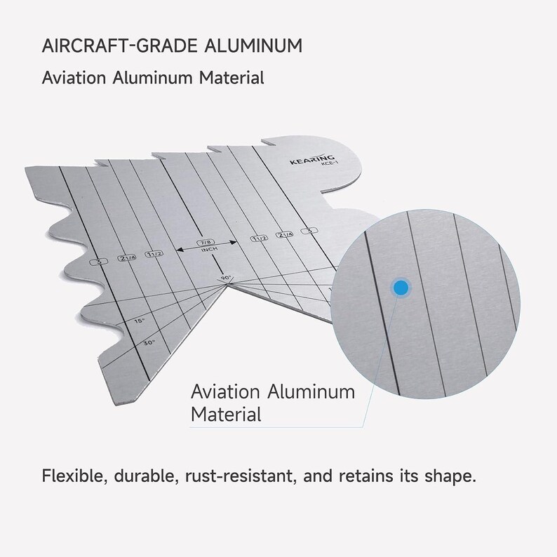 May include: A silver aviation aluminum tool with measurements in inches. The tool has a unique shape with angled edges and a circular inset. Text on the tool reads "Aircraft-Grade Aluminum" and "Aviation Aluminum Material".