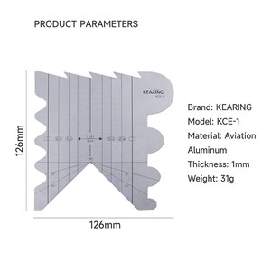 May include: A silver-colored KEARING KCE-1 aviation aluminum tool. It is 126mm long, 1mm thick, and weighs 31g. The tool has a unique shape with a series of curved edges and angled lines, with measurements in inches.