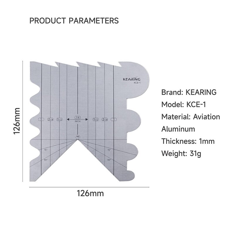May include: A silver-colored KEARING KCE-1 aviation aluminum tool. It is 126mm long, 1mm thick, and weighs 31g. The tool has a unique shape with a series of curved edges and angled lines, with measurements in inches.
