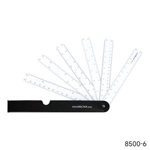 May include: A Kearing 8500 fan-style ruler set featuring multiple clear plastic measuring blades attached to a black handle. The blades display printed metric and imperial markings, with the text Kearing 8500 visible on the black casing.