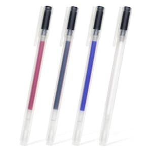 May include: Four clear plastic pens with black caps. The pens are filled with different coloured inks: red, grey, blue, and clear.
