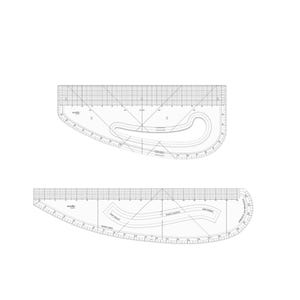 May include: Two clear plastic sewing rulers featuring printed black grid lines, angle markings, and curved cutouts. The top ruler displays measurements in inches, while the bottom ruler includes labels like sleeve curve and armhole.