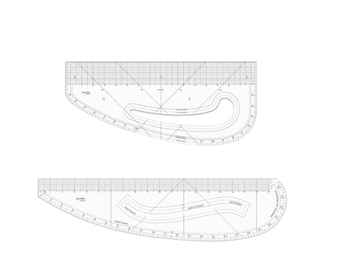 May include: Two clear plastic sewing rulers featuring printed black grid lines, angle markings, and curved cutouts. The top ruler displays measurements in inches, while the bottom ruler includes labels like sleeve curve and armhole.