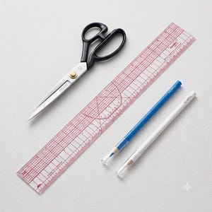 May include: A pair of black-handled metal scissors with a gold-tone pivot screw, a clear plastic ruler with red grid markings, and two marking pencils in blue and white. The scissors are marked with the text CCL105 and the number 10.