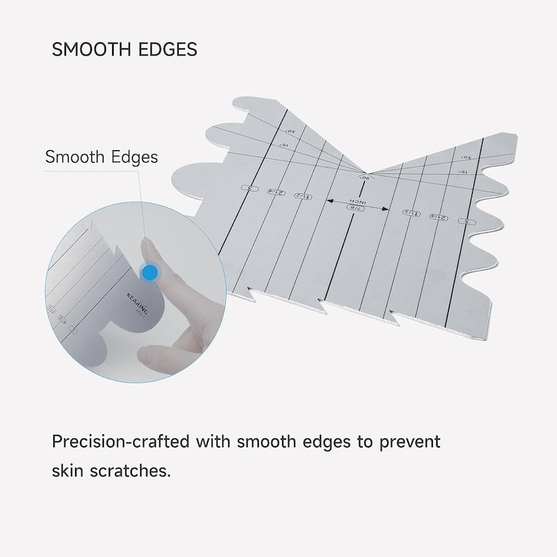 May include: A clear, plastic nail form with a unique shape and multiple measurement markings. The form has smooth edges and the text "SMOOTH EDGES" is visible. The text "Precision-crafted with smooth edges to prevent skin scratches" is also visible.